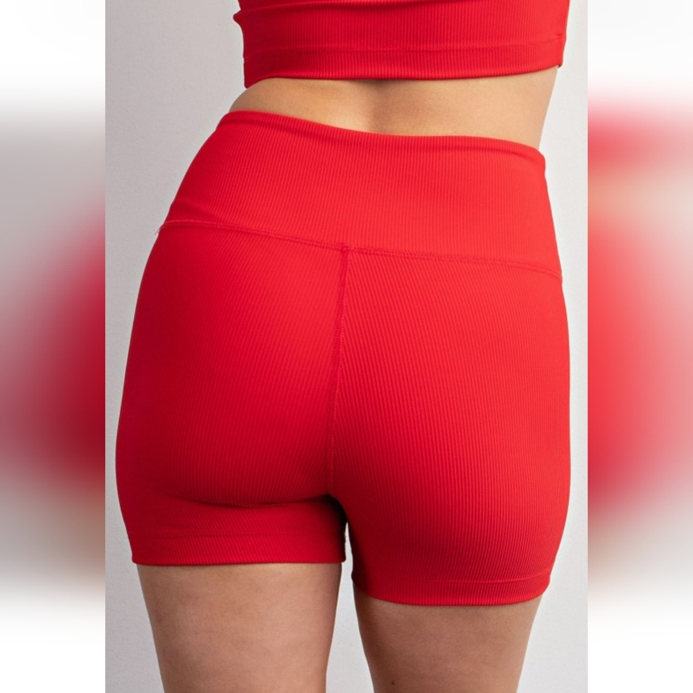 🍒 LAST ONE Valentine's Cherry Red Ribbed Workout Shorts - Picture 4 of 5